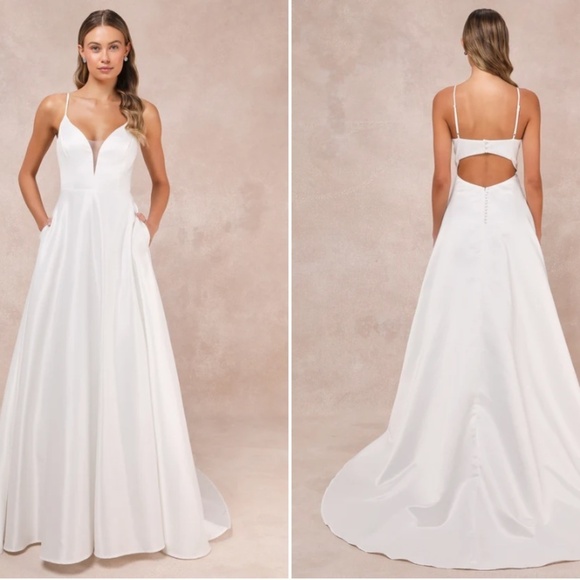 LULU's Bridal Wedding Chic Classy Modern Sexy Minimalist Sexy Satin A-Line Gown - Picture 5 of 5
